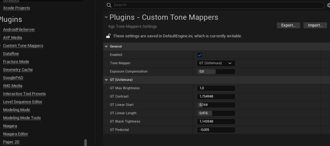 Project Settings showing the Custom Tone Mappers section